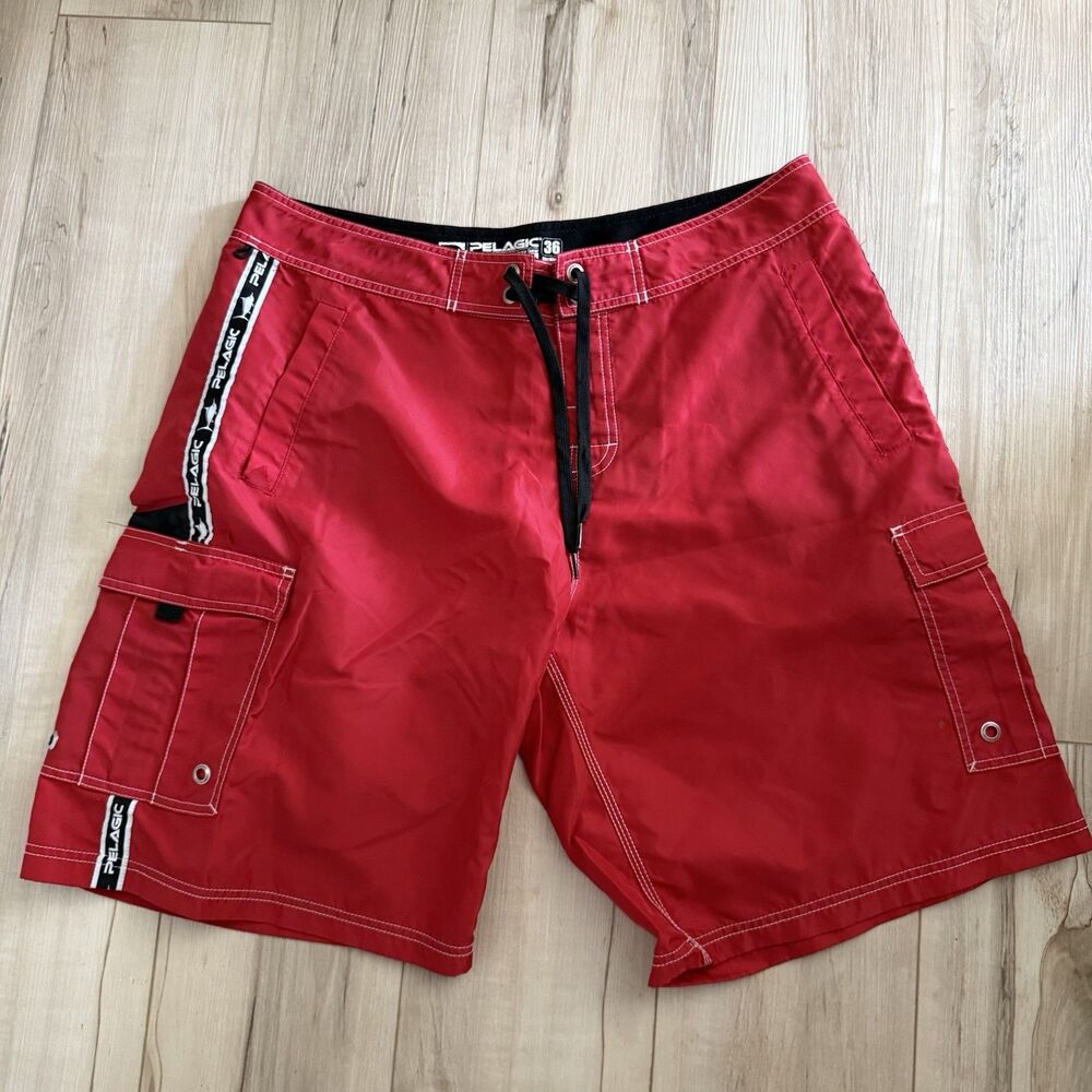 Pelagic Board Shorts Mens Sz 36 Swim Trunks Black OffShore Gear Red & Black